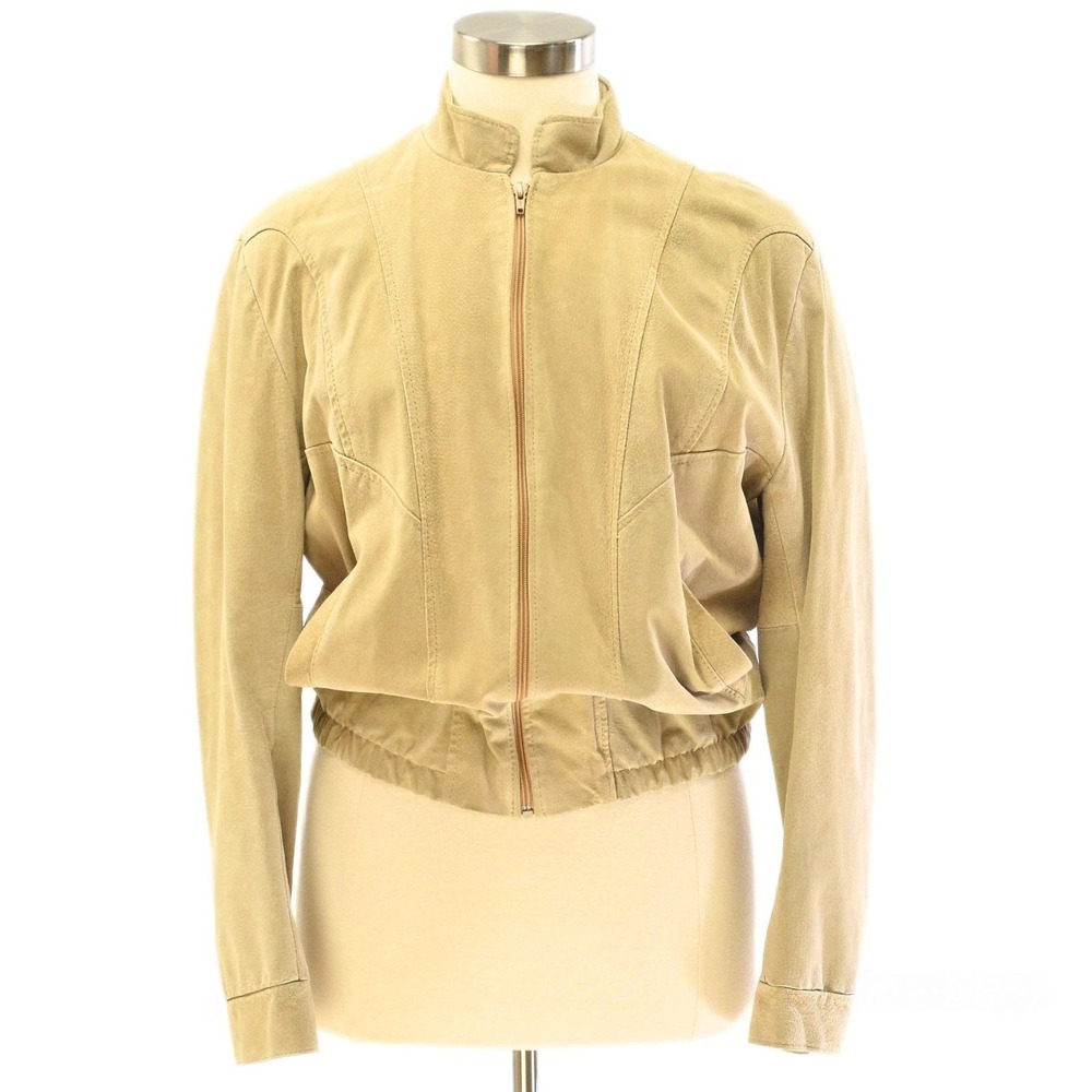 80s Vintage Beige Suede Utility Jacket Womens XL Band Collar Moto Bomber Coat 16